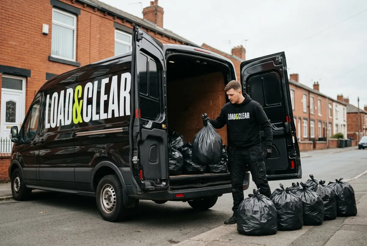 Load & Clear crew loading bagged rubbish into the van during a rubbish removal job in Greater Manchester