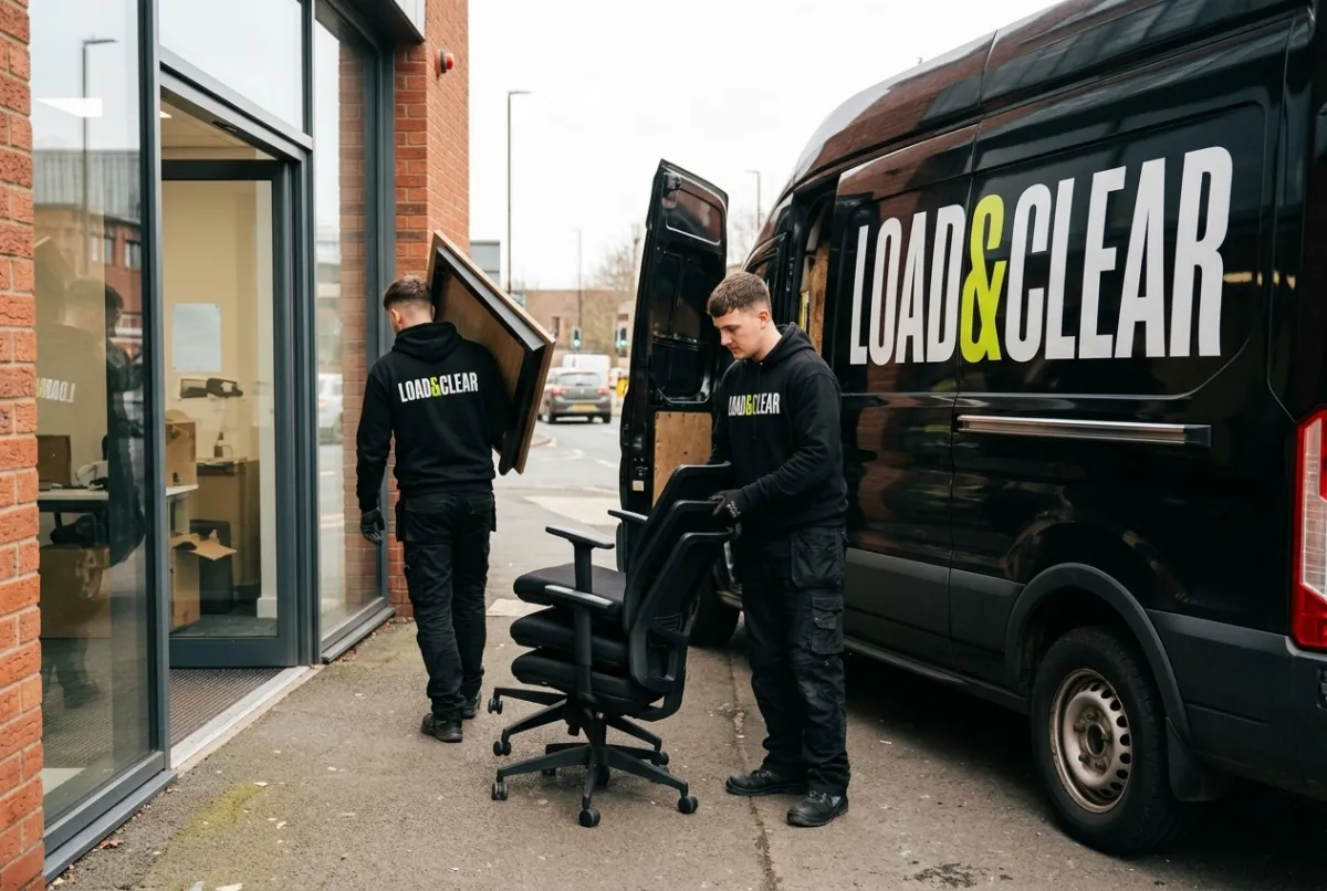 Load & Clear crew clearing desks and office equipment from a commercial unit in Greater Manchester