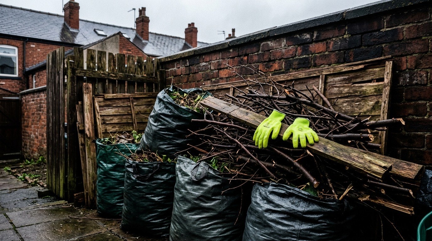Garden waste, branches and old fencing cleared from a back garden